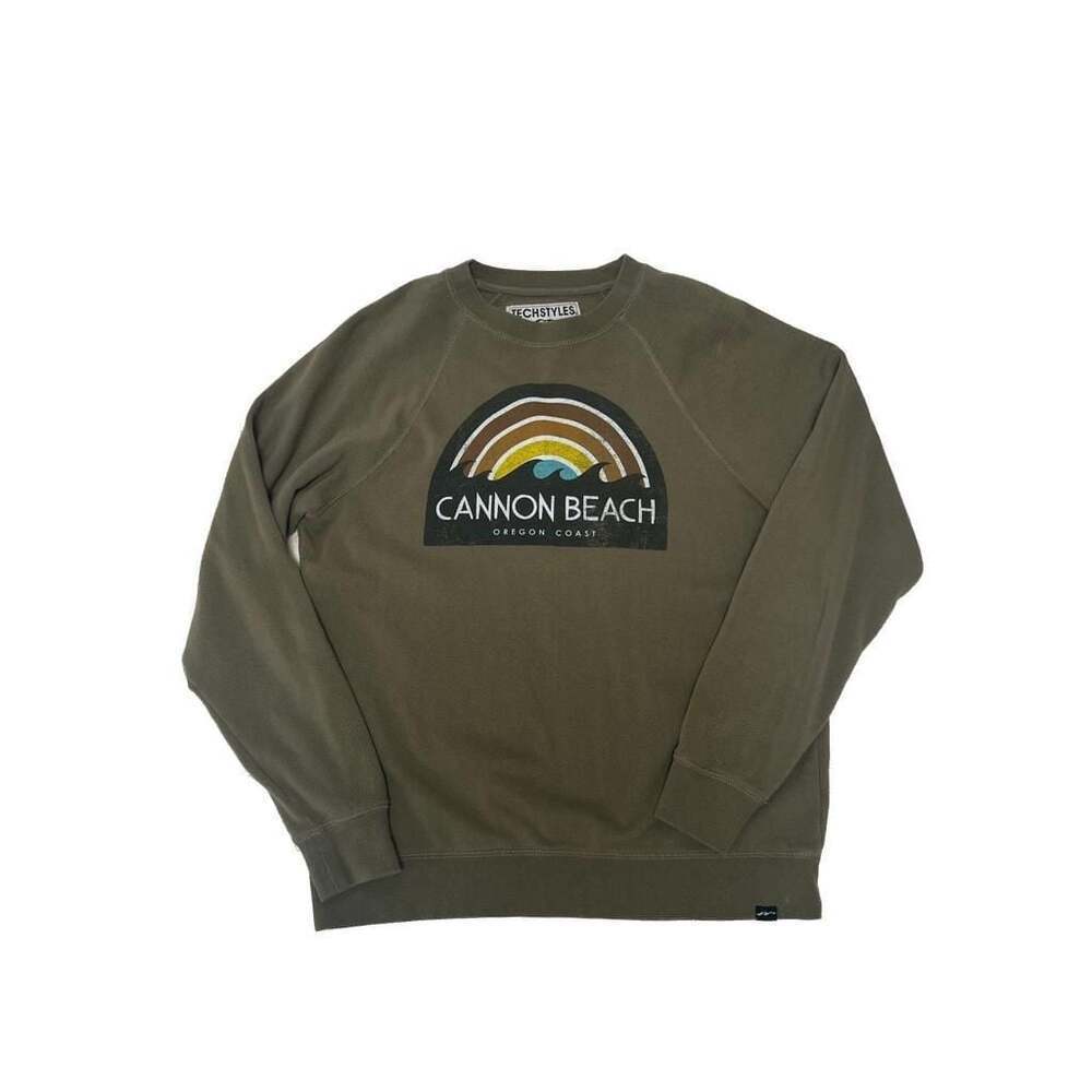 Techstyles Cannon Beach Oregon Coast Graphic Sweatshirt Olive Green S/M